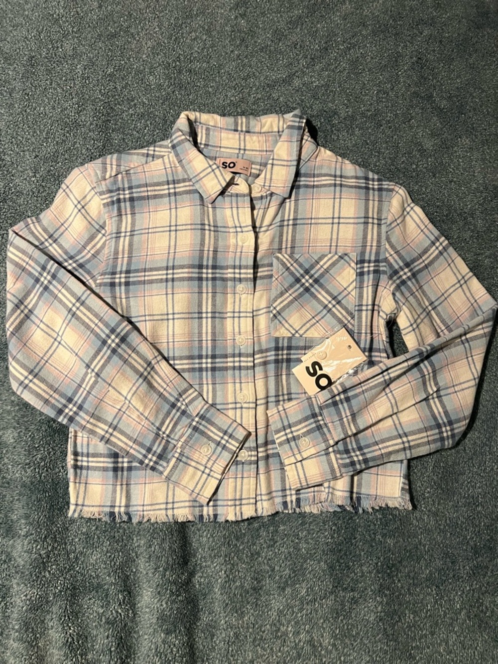 SO Pastel Blue & Pink Plaid Cropped Button-Down Shirt